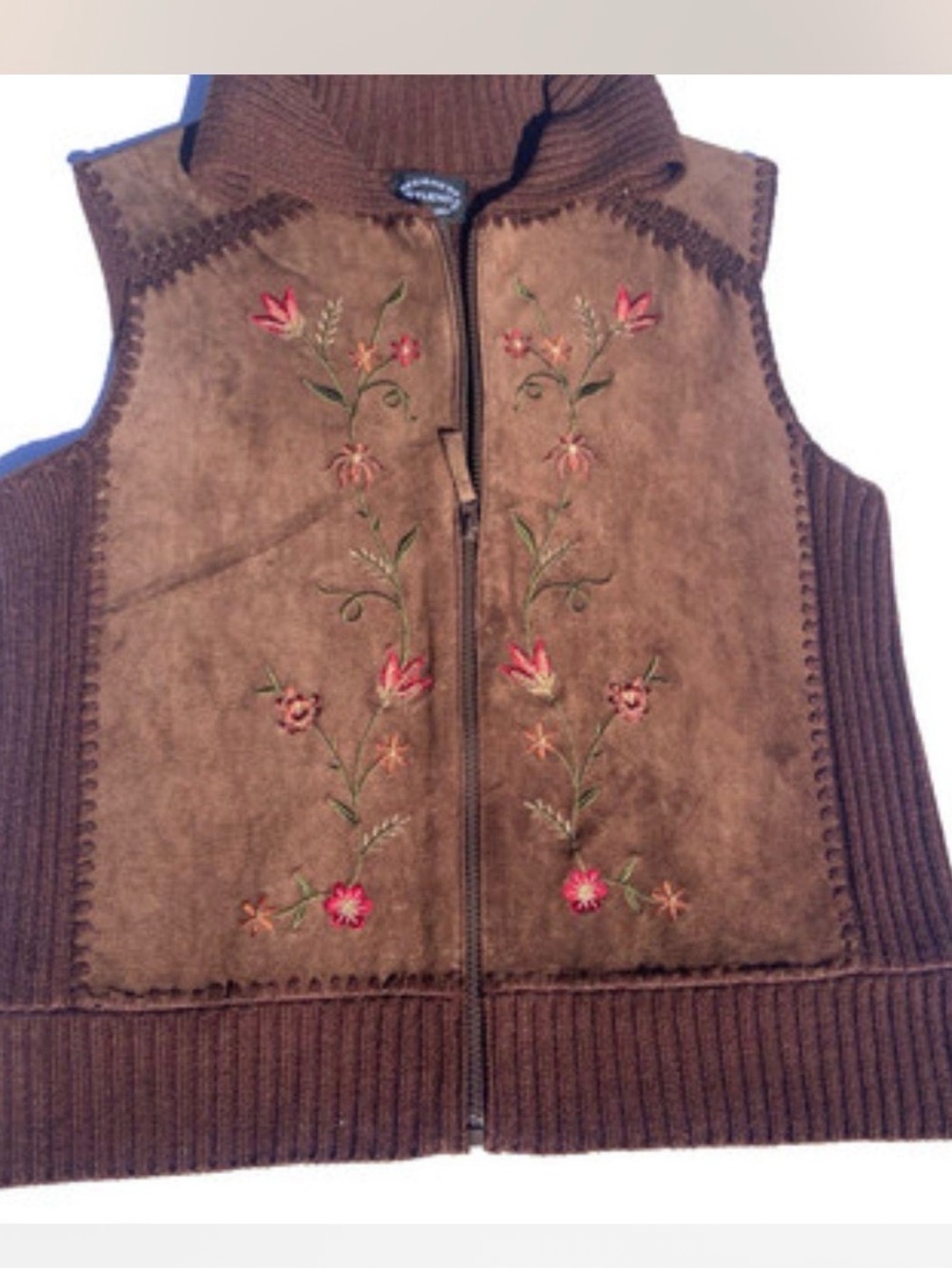 Vintage Leather Knit Vest Embroidered Zip M Floral Western Boho Cottagecore Boho